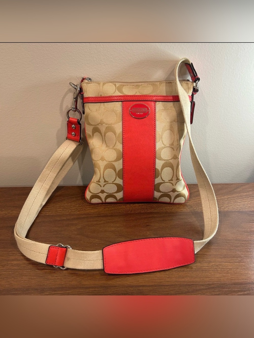 Coach Beige Signature Crossbody with Coral Leather Trim